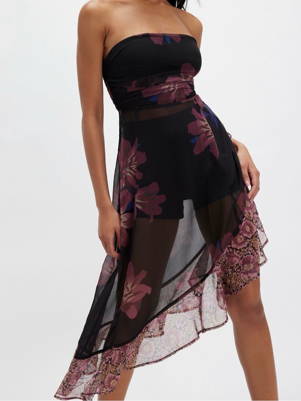 ✨ Free People Gloria Maxi Top Strapless Floral Chiffon Black Combo L